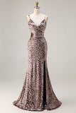 Coffee Leopard Cheetah Print Sheath Long Holiday Party Dress With Slit