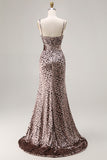 Coffee Leopard Cheetah Print Sheath Long Holiday Party Dress With Slit