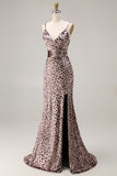Coffee Leopard Cheetah Print Sheath Long Holiday Party Dress With Slit