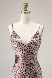 Coffee Leopard Cheetah Print Sheath Long Holiday Party Dress With Slit
