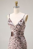 Coffee Leopard Cheetah Print Sheath Long Holiday Party Dress With Slit