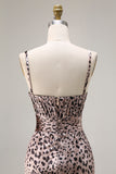 Coffee Leopard Cheetah Print Sheath Long Holiday Party Dress With Slit