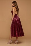 Sparkly Burgundy Metallic Halter A Line Holiday Party Dress With Slit