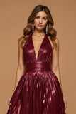Sparkly Burgundy Metallic Halter A Line Holiday Party Dress With Slit