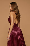 Sparkly Burgundy Metallic Halter A Line Holiday Party Dress With Slit