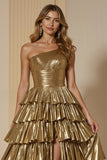 Sparkly Golden Metallic Tiered Long Holiday Party Dress With Ruffles