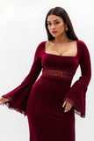 Burgundy Sheath Velvet Square Neck Long Holiday Party Dress With Appliques