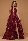 Sparkly Burgundy Metallic Halter Tiered Ruffled Long Holiday Party Dress With Slit