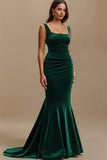 Dark Green Velvet Mermaid Square Neck Long Holiday Party Dress