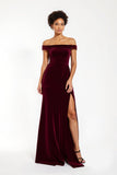 Burgundy Velvet Sheath Off The Shoulder Long Holiday Party Dress With Slit