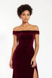 Burgundy Velvet Sheath Off The Shoulder Long Holiday Party Dress With Slit