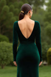 Dark Green V-Neck Sheath Velvet Long Holiday Party Dress With Slit