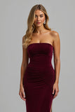 Strapless Burgundy Sheath Long Holiday Dress With Slit