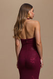 Halter Burgundy Mermaid Sequin Long Holiday Dress