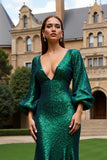 Dark Green Mermaid Long Sleeve Sequin Holiday Dress