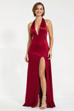 Burgundy V Neck Sheath Long Holiday Dress With Slit