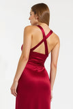 Burgundy V Neck Sheath Long Holiday Dress With Slit