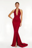 Red Halter Satin Mermaid Long Holiday Dress