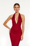 Red Halter Satin Mermaid Long Holiday Dress