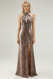 Glitter Golden Leopard Sequins Mermaid Halter Long Formal Dress with Slit