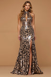 Golden Leopard Metallic Mermaid Halter Holiday Dress