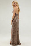 Glitter Golden Leopard Sequins Mermaid Halter Long Formal Dress with Slit