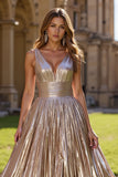 Golden A Line Metallic Pleated Holiday Dress With Slit