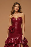 Burgundy Strapless Tiered A Line Metallic Holiday Dress