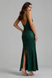 Sparkly Dark Green Sheath Long Holiday Dress With Slit