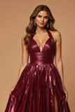 Burgundy Halter A Line Metallic Holiday Dress