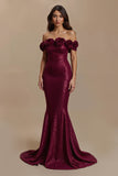 Burgundy Mermaid Off The Shoulder Holiday Dress with 3D Flowers