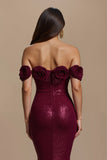 Burgundy Mermaid Off The Shoulder Holiday Dress with 3D Flowers