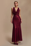 Burgundy Cowl Neck Sheath Sequin Long Holiday Dress