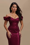 Burgundy Sequin Mermaid Off The Shoulder Holiday Dress