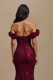 Burgundy Sequin Mermaid Off The Shoulder Holiday Dress