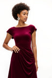Burgundy A Line Boat Neck Ruched Holiday Dress