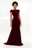 Burgundy Mermaid Bateau Neck Velvet Holiday Dress