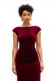 Burgundy Boat Neck Velvet Long Holiday Party Dress With Slit