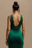 Dark Green V Neck Sheath Long Formal  Dress With Slit