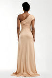 Champagne One Shoulder Satin Sheath Long Bridesmaid Dress with Sleeves