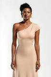 Champagne One Shoulder Satin Sheath Long Bridesmaid Dress with Sleeves