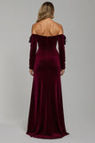 Burgundy Off The Shoulder Velvet Long Holiday Party Dress With Slit