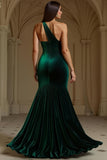 Dark Green Velvet One Shoulder Long Holiday Party Dress with Slit