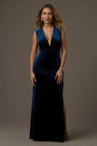 Royal Blue Sheath V-Neck Long Velvet Holiday Party Dress With Slit