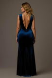 Royal Blue Sheath V-Neck Long Velvet Holiday Party Dress With Slit
