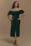 Dark Green Off the Shoulder Buttons Velvet Long Holiday Party Dress With Slit