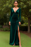 Dark Green Velvet Ruched Long Sleeves Holiday Party Dress With Slit