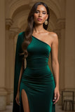 Dark Green Velvet One Shoulder Long Sleeve Holiday Party Dress With Slit