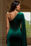 Dark Green Velvet One Shoulder Long Sleeve Holiday Party Dress With Slit