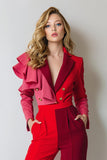 Red Pink Burgundy Patchwork Ruffled 2 Piece Notched Lapel Women Formal Suits